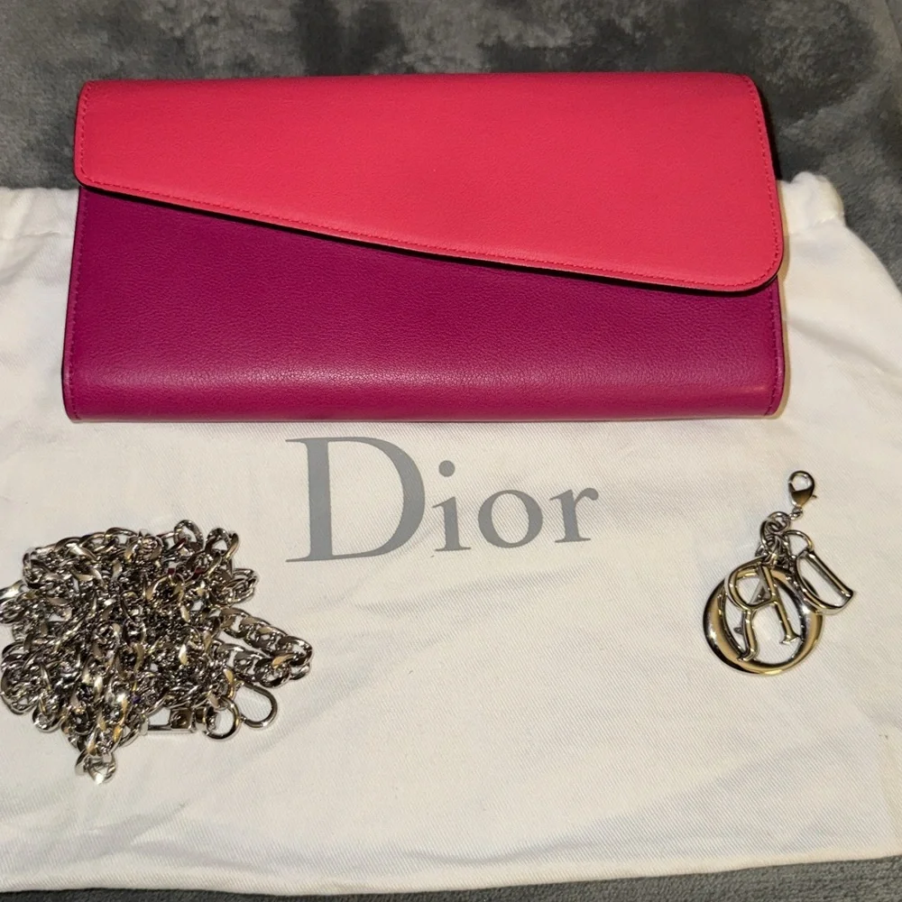 Christian Dior wallet on a chain pink n orange leather excellent condition.